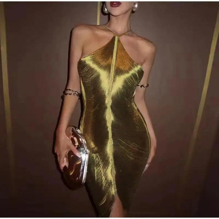 Sparkling Metallic Halter Bodycon Mini Dress - Elegant Backless Cocktail Attire