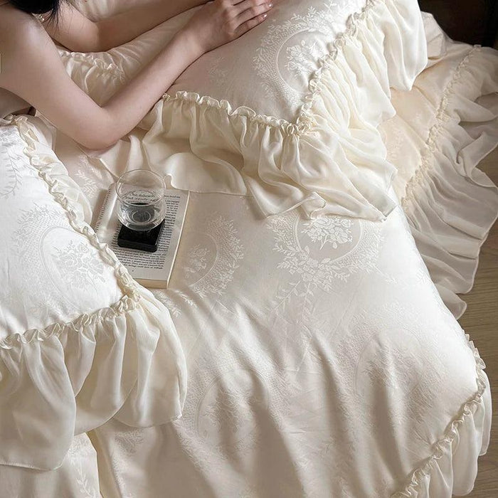 Luxurious Jacquard Lace and Chiffon Bedding Ensemble with Premium Egyptian Cotton - Beige Ruffled Duvet, Sheets, and Pillowcases