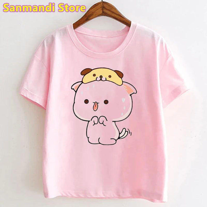 Peach & Goma Mochi Cat with Giraffe Print Kids Tee - Cute Harajuku Style Shirt for Boys & Girls