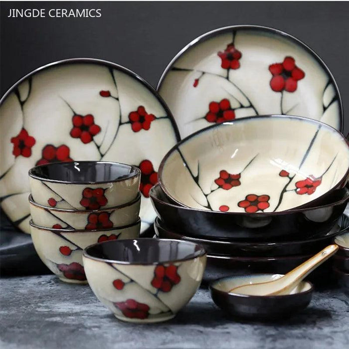 Handcrafted Plum Blossom Japanese Ceramic Dining Set - Elegant Plates and Bowls for Stylish Home Decor