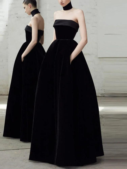 Strapless High Waist Velvet Pleated Evening Gown for Women