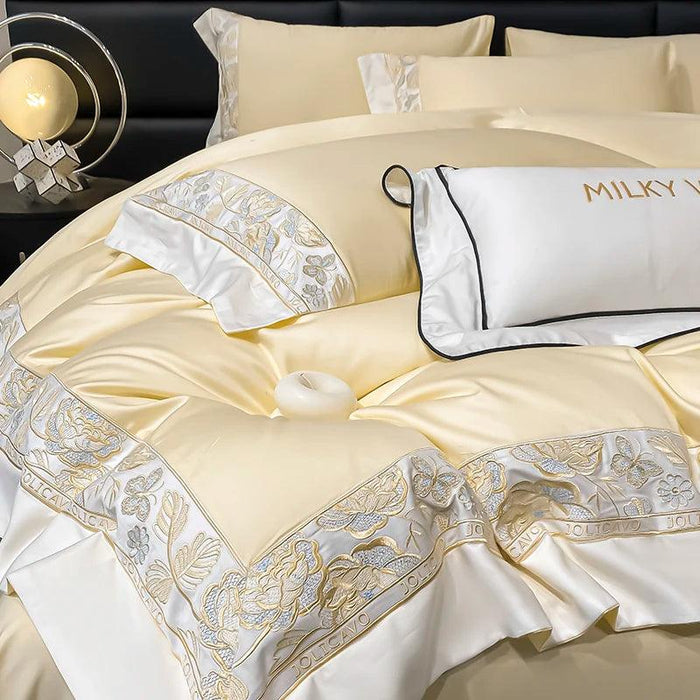 Luxury Rose Butterfly Embroidery 4-Piece Egyptian Cotton Bedding Set