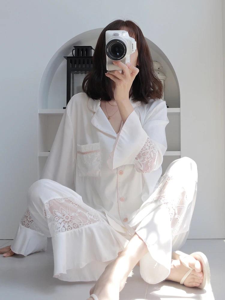 Elegant Lace Ice Silk Pajama Set for Women