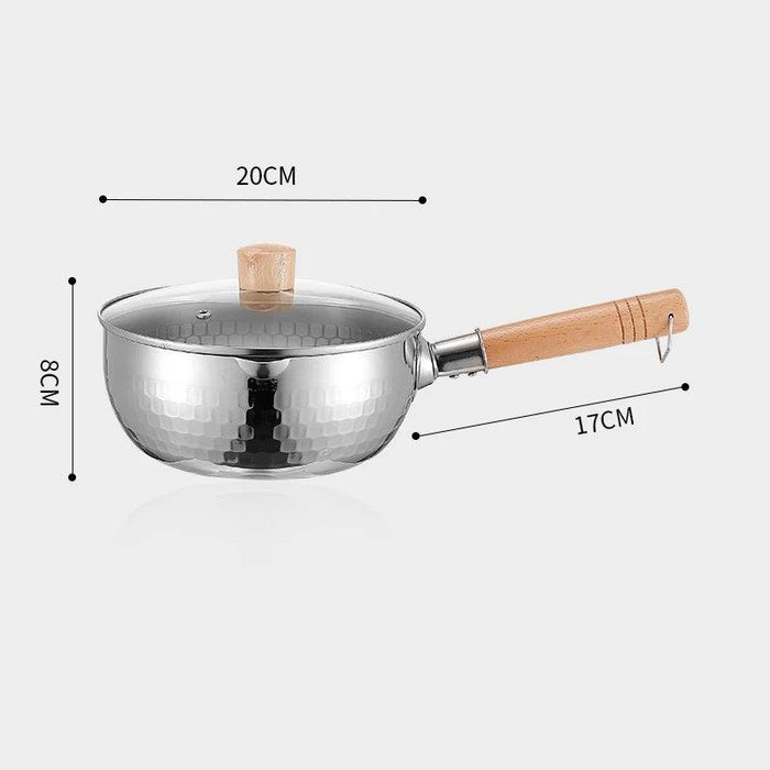 Japanese Stainless Steel Snow Pan with Ergonomic Wooden Handle and Lid - Perfect for Stewing, Frying, and Milk Heating