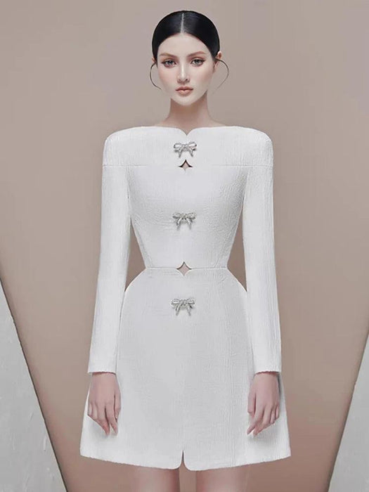 Glamorous White Dress with Rhinestone Accents, Bow Detail, and Slash Neck for Women - Summer 2024 Collection