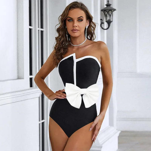 Vintage Black Off-Shoulder Bow Tie Swimwear with Matching Skirt Set