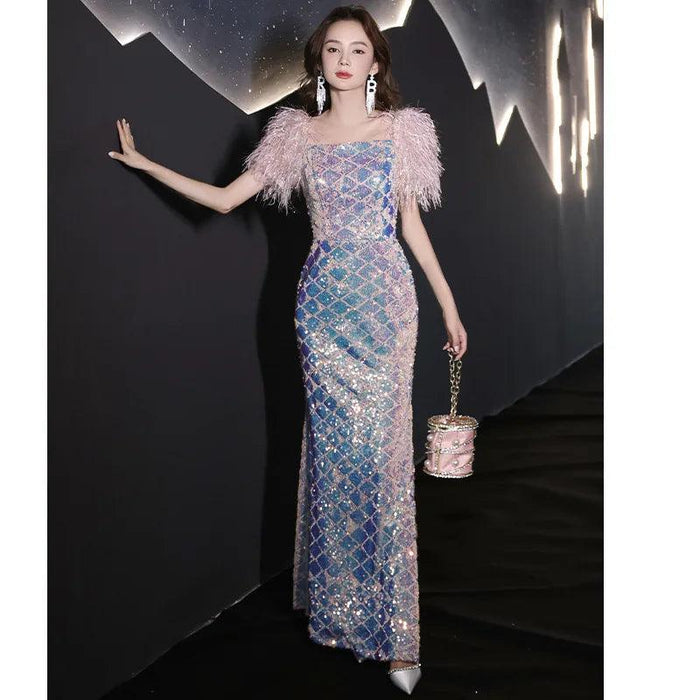 Enchanting Feathered Sleeve Sequin Mermaid Dress with Square Neckline for Glamorous Evenings