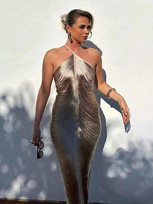 Sparkling Metallic Halter Bodycon Mini Dress - Elegant Backless Cocktail Attire