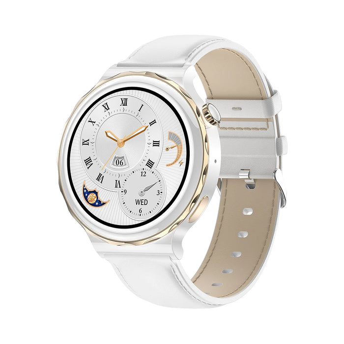 Sleek White Smartwatch with Health Tracking Features and NFC Support