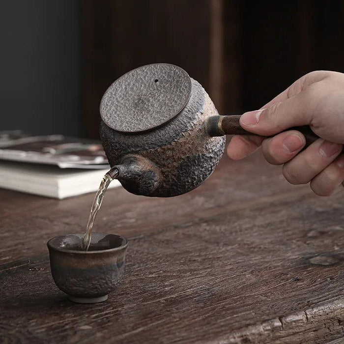 Elegant Blackwood-Handled Iron Glazed Japanese Kung Fu Teapot