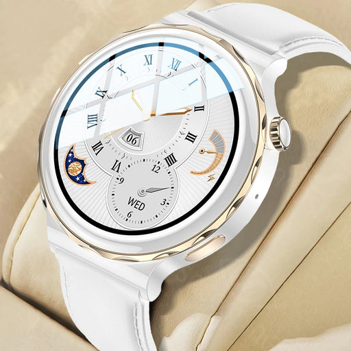 Sleek White Smartwatch with Health Tracking Features and NFC Support