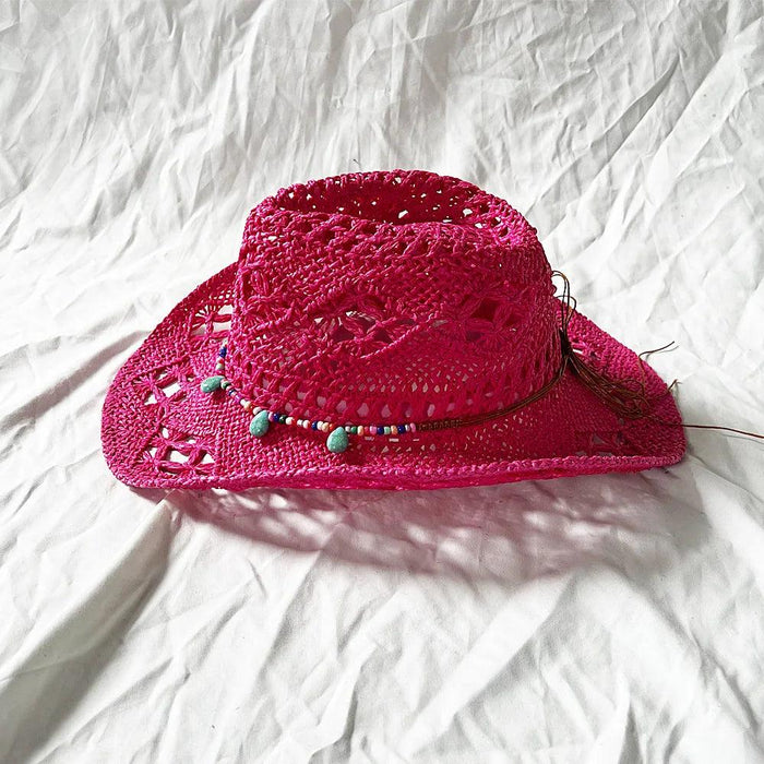 Rose Red Cowboy Straw Hat - Adjustable Wide Brim Sun Hat for All Seasons