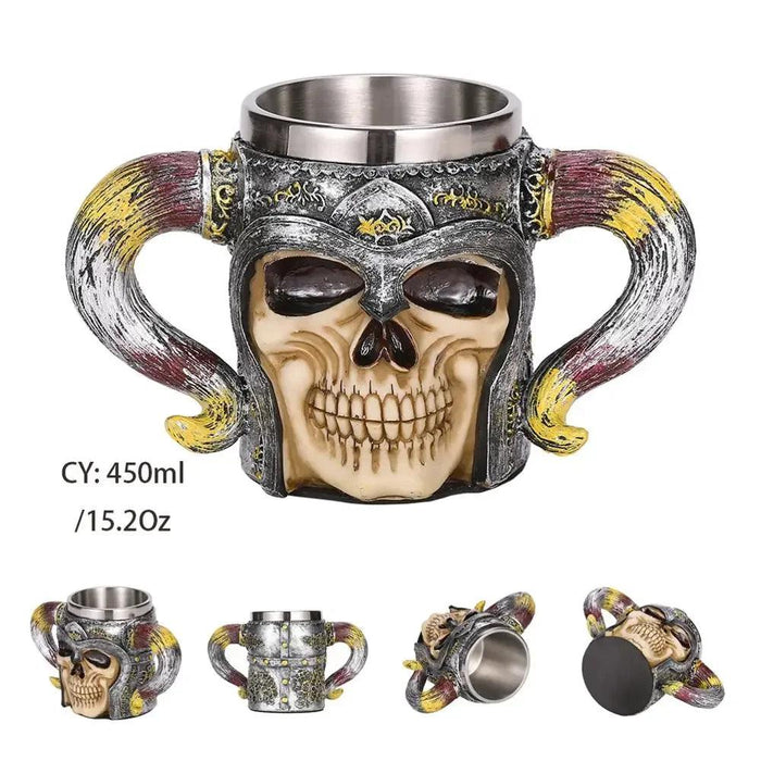 Skull Viking Pirate Resin Steel Tankard - Multi-Purpose Drinking Vessel and Decorative Accent