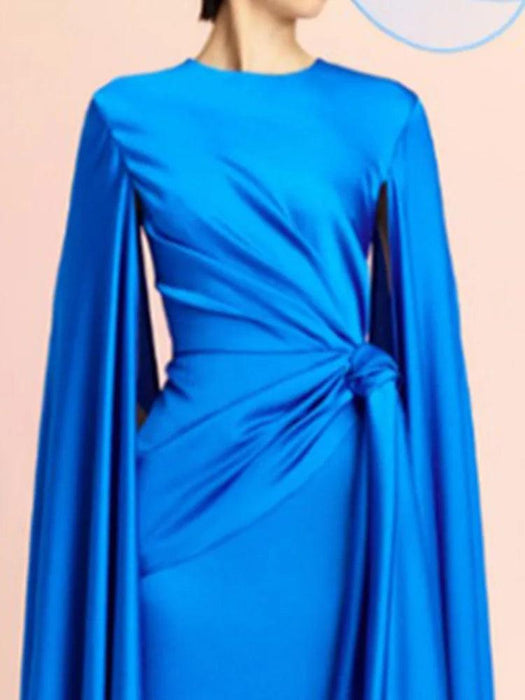 Chic Pleated Evening Dress with Bow Waist and Elegant Cape Sleeves - Summer Collection 35Z774