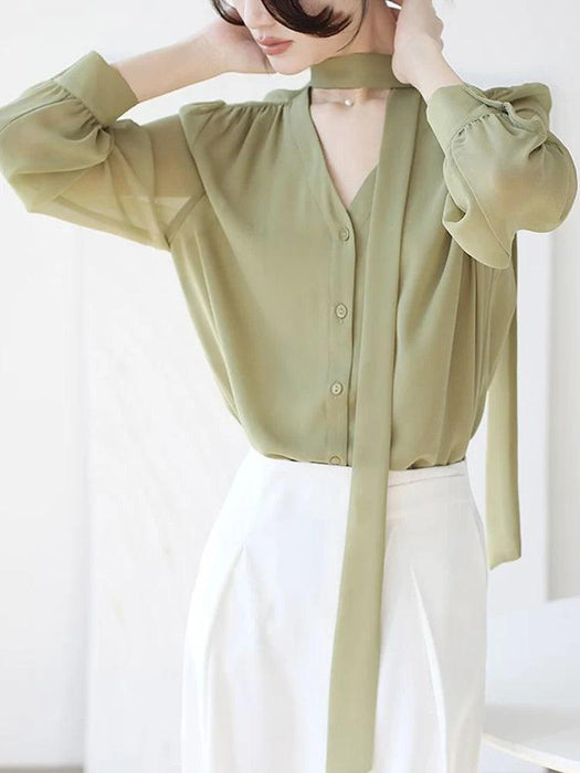 Chic Korean Chiffon Lace-Up Blouse with Puff Sleeves and V-Neck for Women