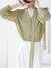 Chic Korean Chiffon Lace-Up Blouse with Puff Sleeves and V-Neck for Women