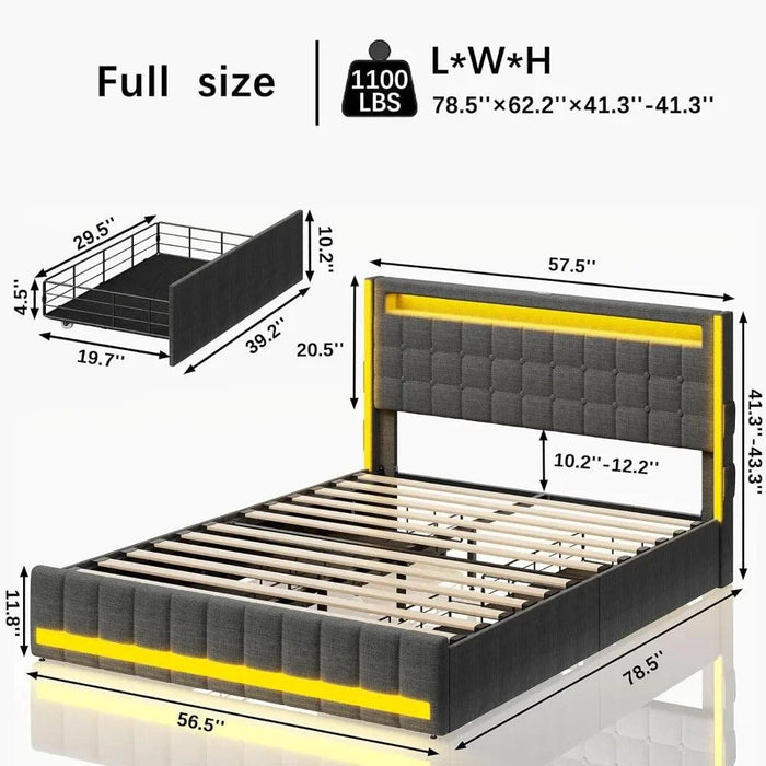 Modern LED Full Size Bed Frame with Storage Drawers, USB Charging, RGB Lights, Adjustable Headboard and Music Sync Mode