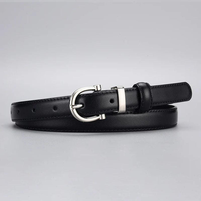 Elegant Women's Black Cowhide Leather Belt with Zinc Alloy Buckle