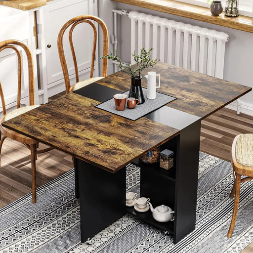 Convertible Modern Dining Table with Wheels, Drawer, and Double Layer Storage