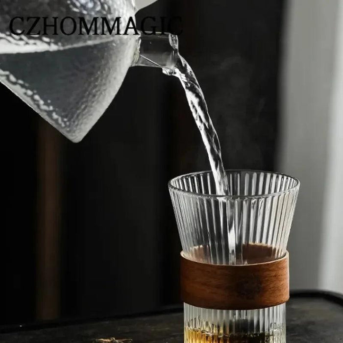 Sophisticated 300ml Transparent Glass Mug with Elegant Wooden Grip - Japanese-Inspired Drinkware for Coffee, Tea, and Beer