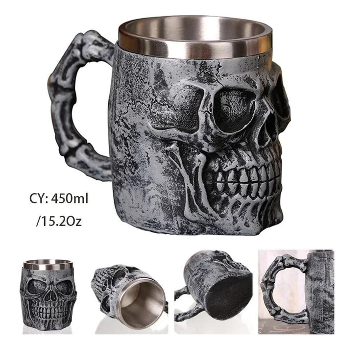 Skull Viking Pirate Resin Steel Tankard - Multi-Purpose Drinking Vessel and Decorative Accent