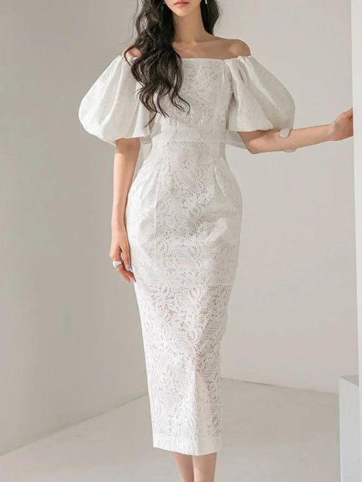 Chic Lantern Sleeve Lace Back Evening Dress