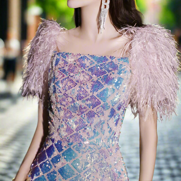 Enchanting Feathered Sleeve Sequin Mermaid Dress with Square Neckline for Glamorous Evenings