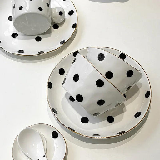 Elegant Gold-Trimmed Polka Dot Ceramic Dining Set for Sophisticated Entertaining