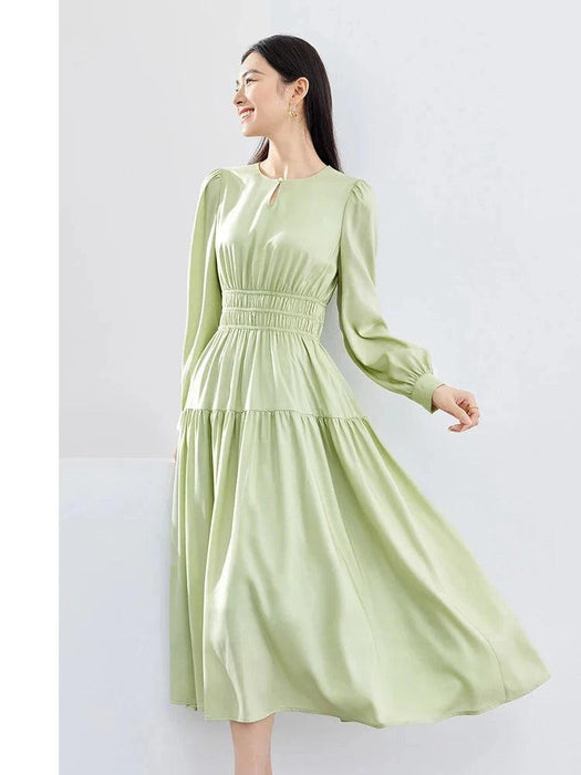 Elegant Light Green Puff Sleeve Midi Dress - Spring Pullover Round Neck for Women 2024