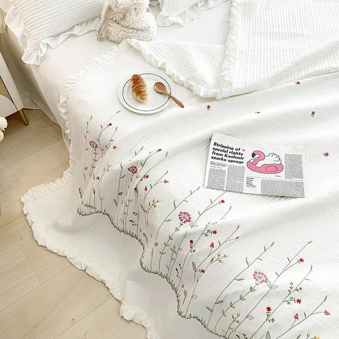 Ruffles Flowers Embroidery Summer Quilt Set