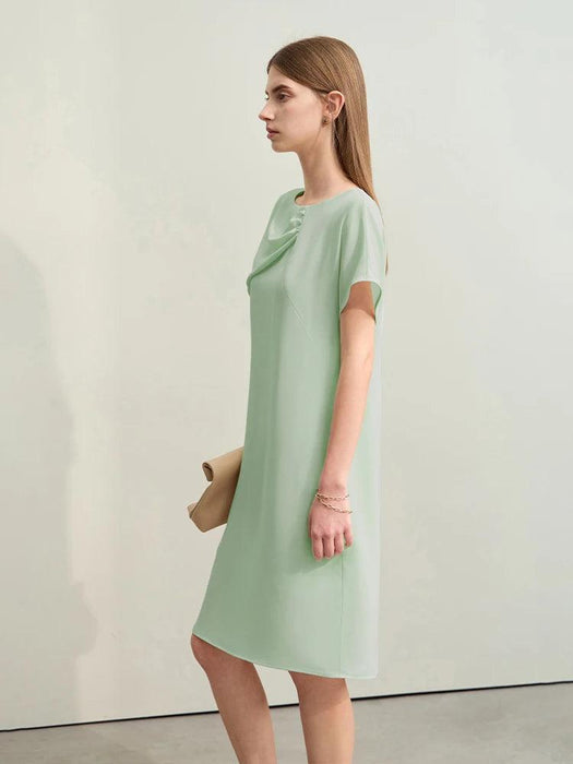 Amii Chic Asymmetrical Summer Chiffon Dress with Pleated Neckline and Breezy Short Sleeves