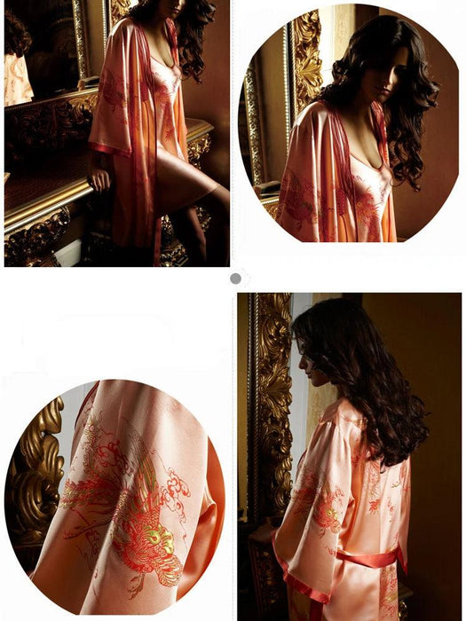 Luxury Silk Nightwear Set with Embroidered Robe and Chemise - Elegant Sleepwear Ensemble