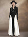 Chic Black Color-block Floor-Length Dress with V-Neck and Long Sleeves