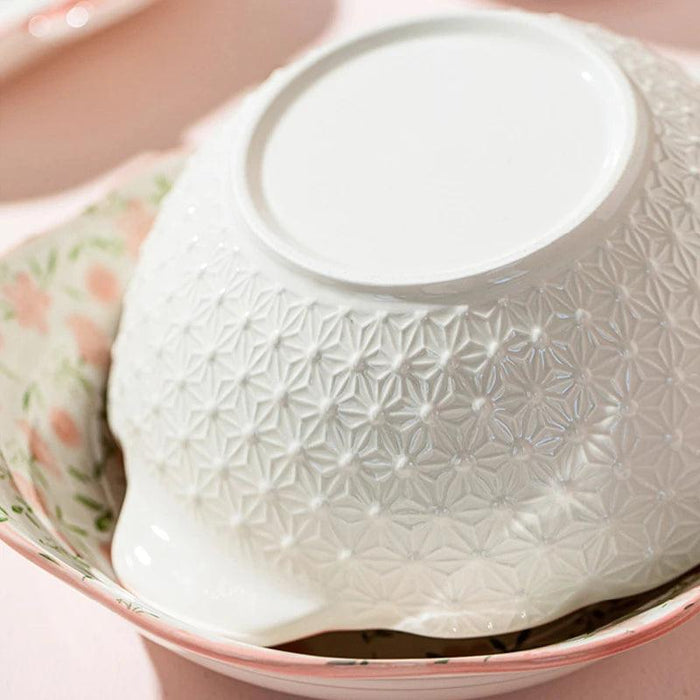 Charming Korean Ceramic Dining Set with Lid - Peach Designed Rice, Soup Bowls, and Elegant Pink Plate with Handle Bowl