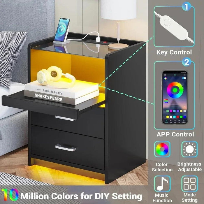 LED Smart Nightstand with Charging Station and Pull-out Tray - Modern Design with 2 Drawers