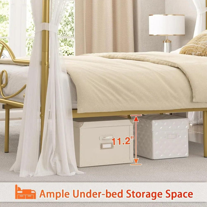 Chic Metal Canopy Bed Frame with Four Posters and Under-Bed Storage Solutions