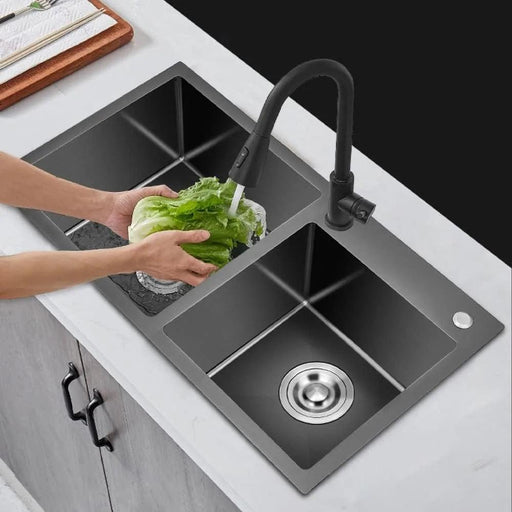 Stainless Steel Gourmet Kitchen Sink Combo with Double Bowl and Curved Edges