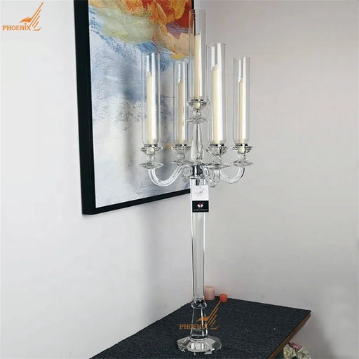Glass Candelabra for Home Decorations, 5 Arms Candelabra, 110 cm Tall, K9 Crystal Candle Holders, Centerpiece for Wedding Decor