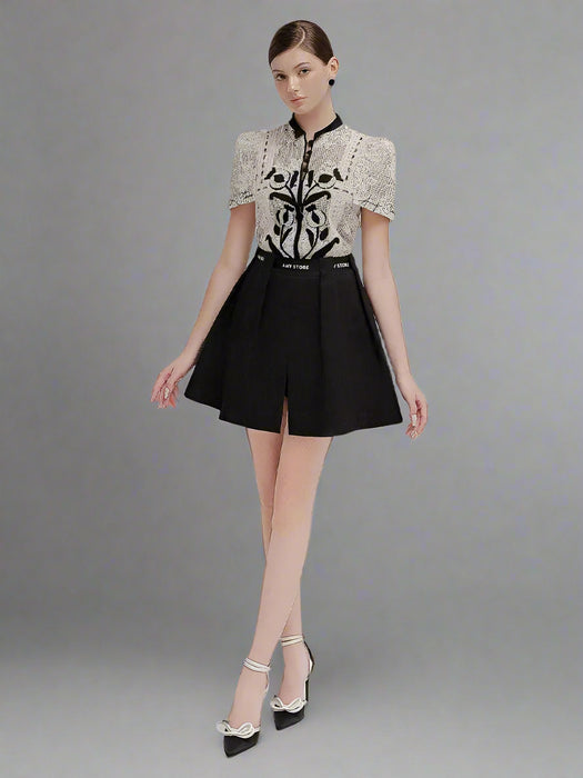 Floral Embroidery Lace Top and Pleated Skirt Set