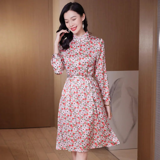 91.2%Real Silk Stand Neck Floral A-line Dress for Women
