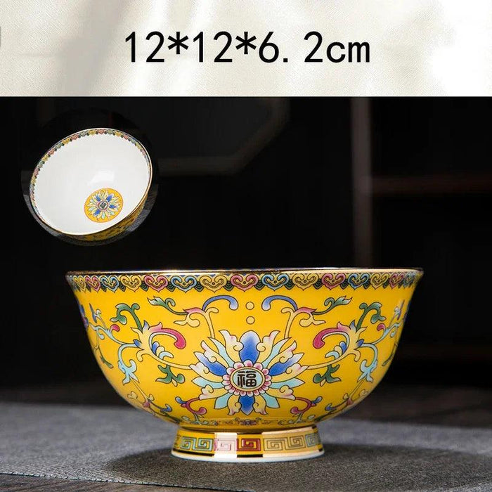 Ornate Chinese Ceramic Salad Bowl Set with Gold Trim - Elegant Enamel Tableware for Stylish Dining