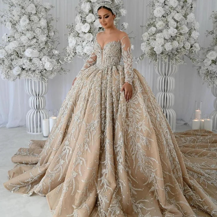 Stunning Bespoke Off-Shoulder Sequin Wedding Ball Gown with Elegant Long Sleeves