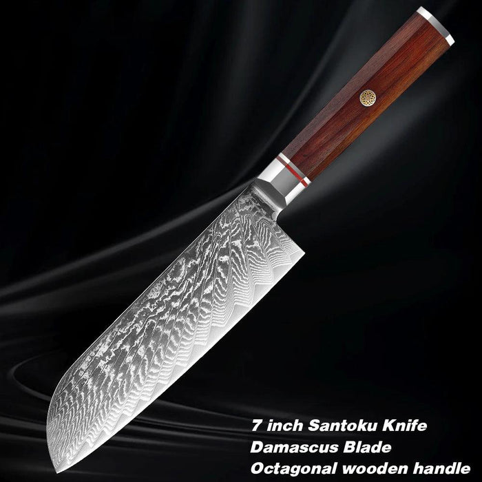 Luxurious 7-Piece Damascus Steel Knife Set with Artisan Rosewood Handles
