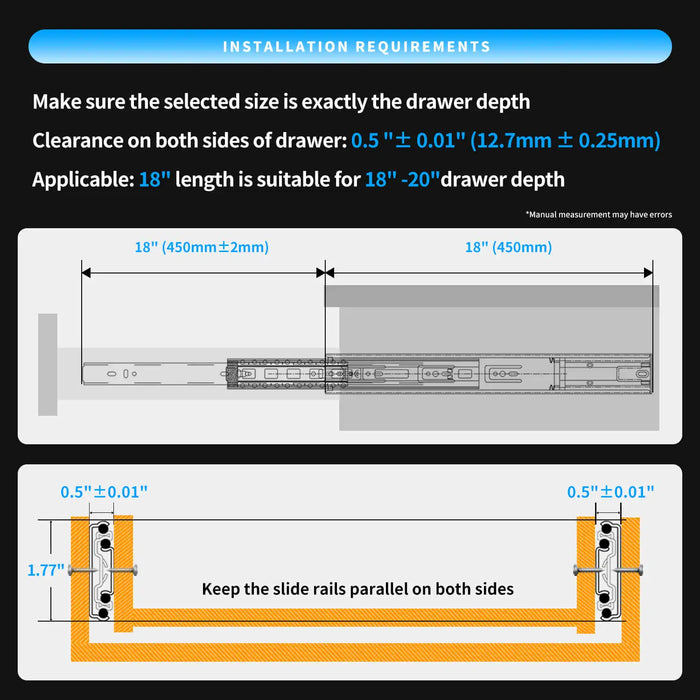 24" Heavy-Duty Push-to-Open Drawer Slides - Durable Galvanized Steel Pair for Cabinets