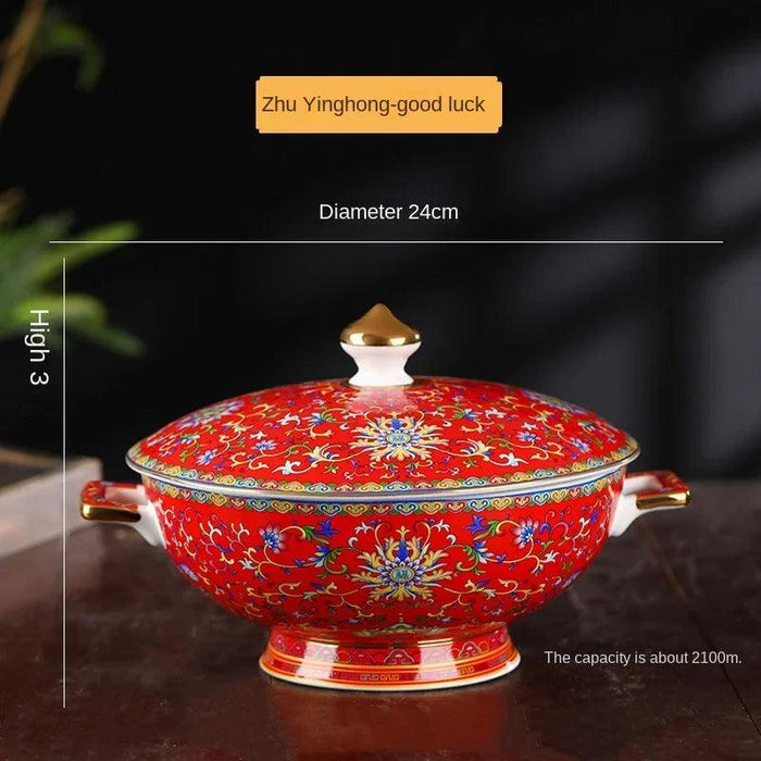 Authentic Elegant Under-glazed Ceramic Soup Pot with Lid and Spoon - Large Round Design with Gold Accents for Chinese Dining and Decor