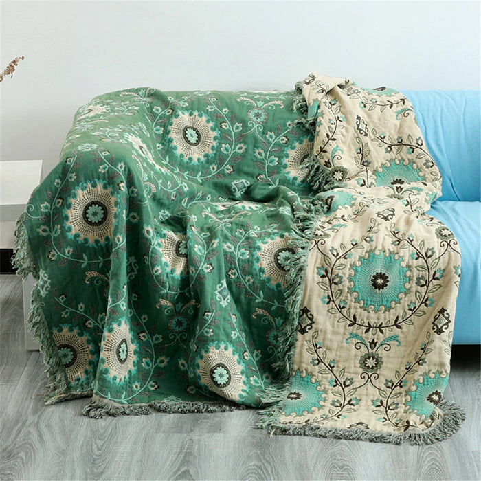 Reversible Jacquard Cotton Sofa Throw Blanket with Non-Slip Design