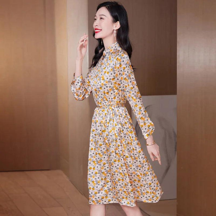 Elegant Floral A-line Silk Dress with Stand Neck for Women