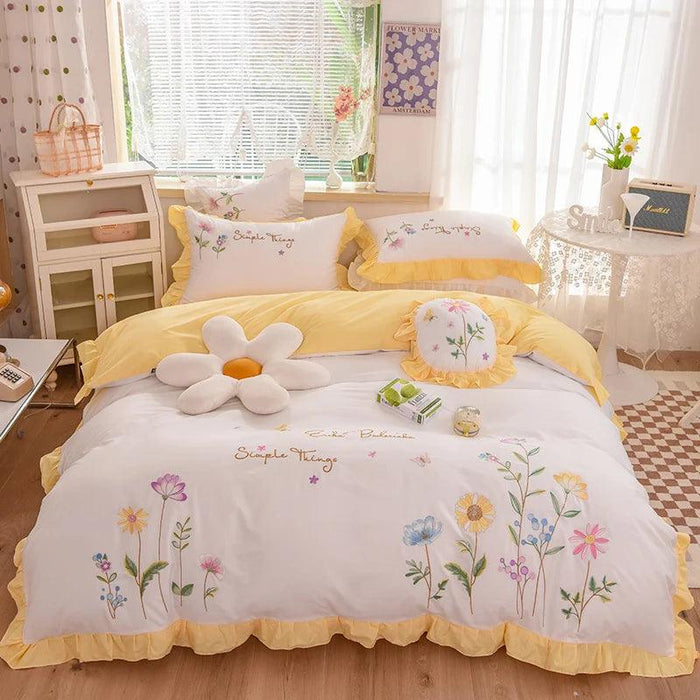 Pastoral Elegance: Embroidered Floral Cotton Bedding Set with Ruffled Details - Duvet Cover, Flat & Fitted Sheets, Pillowcases