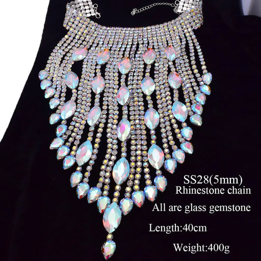 Radiant Crystal AB Rhinestone Tassel Choker Necklace with Silver Chain - Elegant Wedding Statement Piece