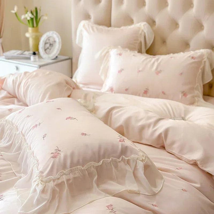 Luxurious Korean Style Lace Embroidered Lyocell Bedding Set - Pink and White